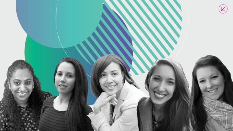 Headshots of the five featured women with blue and green graphics behind them.