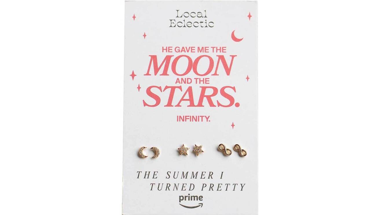 Image of stud earring pack with the phrase "He gave me the moon and the stars. Infinity" displayed on it.