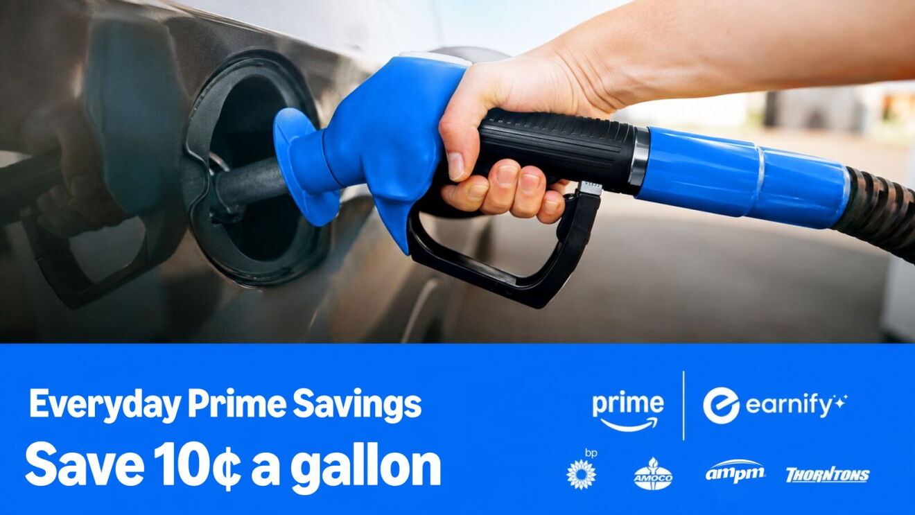 Hand fueling car with blue gas pump nozzle, promoting Amazon Prime savings of 10 cents per gallon at BP, Amoco, ampm, and Thorntons.