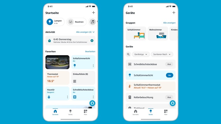 Ein Bild eines Telefons, das die Alexa-App zeigt. Das Bild hat einen leuchtend blauen Hintergrund.