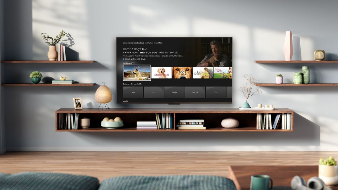 search words in presentations An image of a Fire TV in a living room showing Fire TVâs AI-enhanced search.