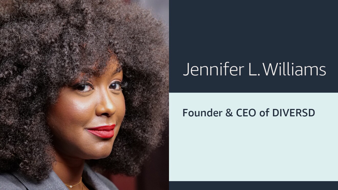 An info card that includes the headshot of a woman on the left, and text that reads "Jennifer L. Williams Founder & CEO of DIVERSD" on the right with two shades of blue in the background. 