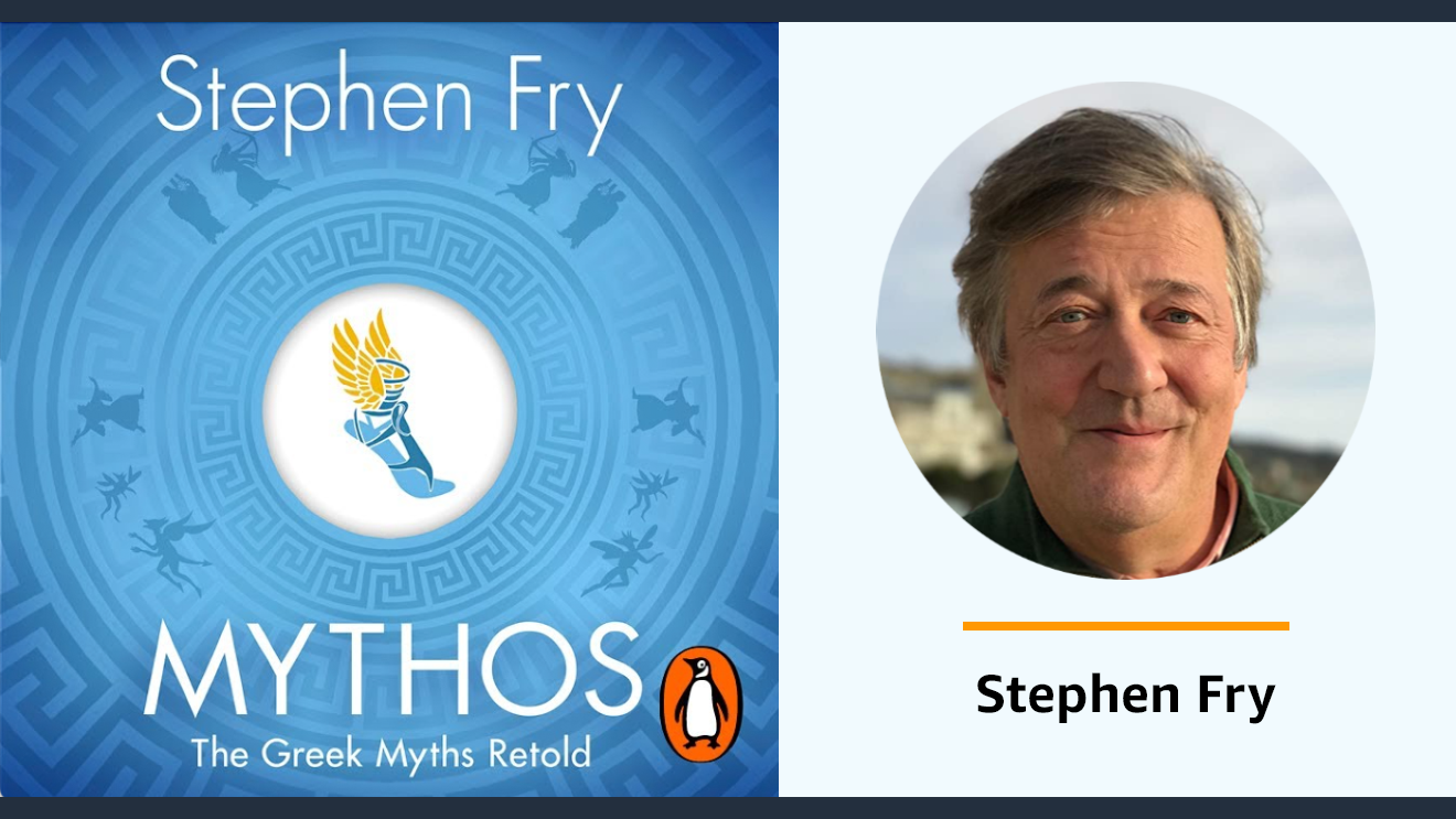 An image of Stephen Fry next to the Mythos audiobook cover