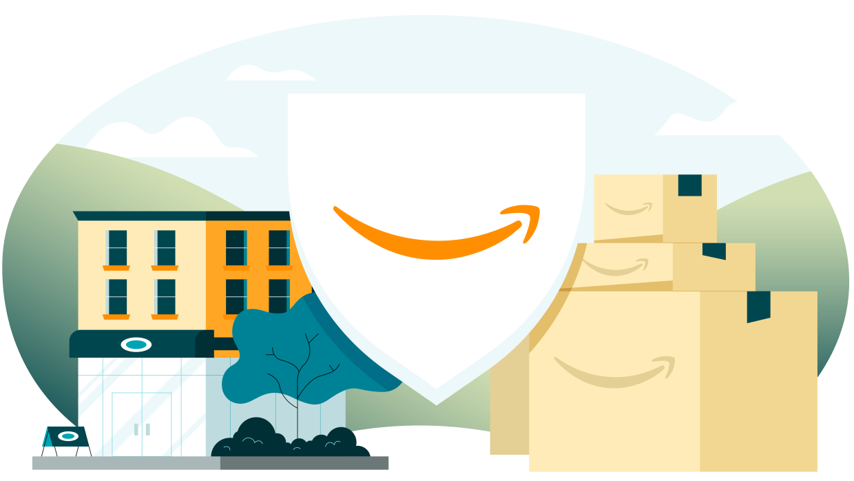 Ilustración de un escudo blanco con una sonrisa naranja en el centro, logo de Amazon. El escudo tiene tres cajas de Amazon apiladas una encima de la otra a la derecha, mientras que a la izquierda hay un edificio que parece una tienda.