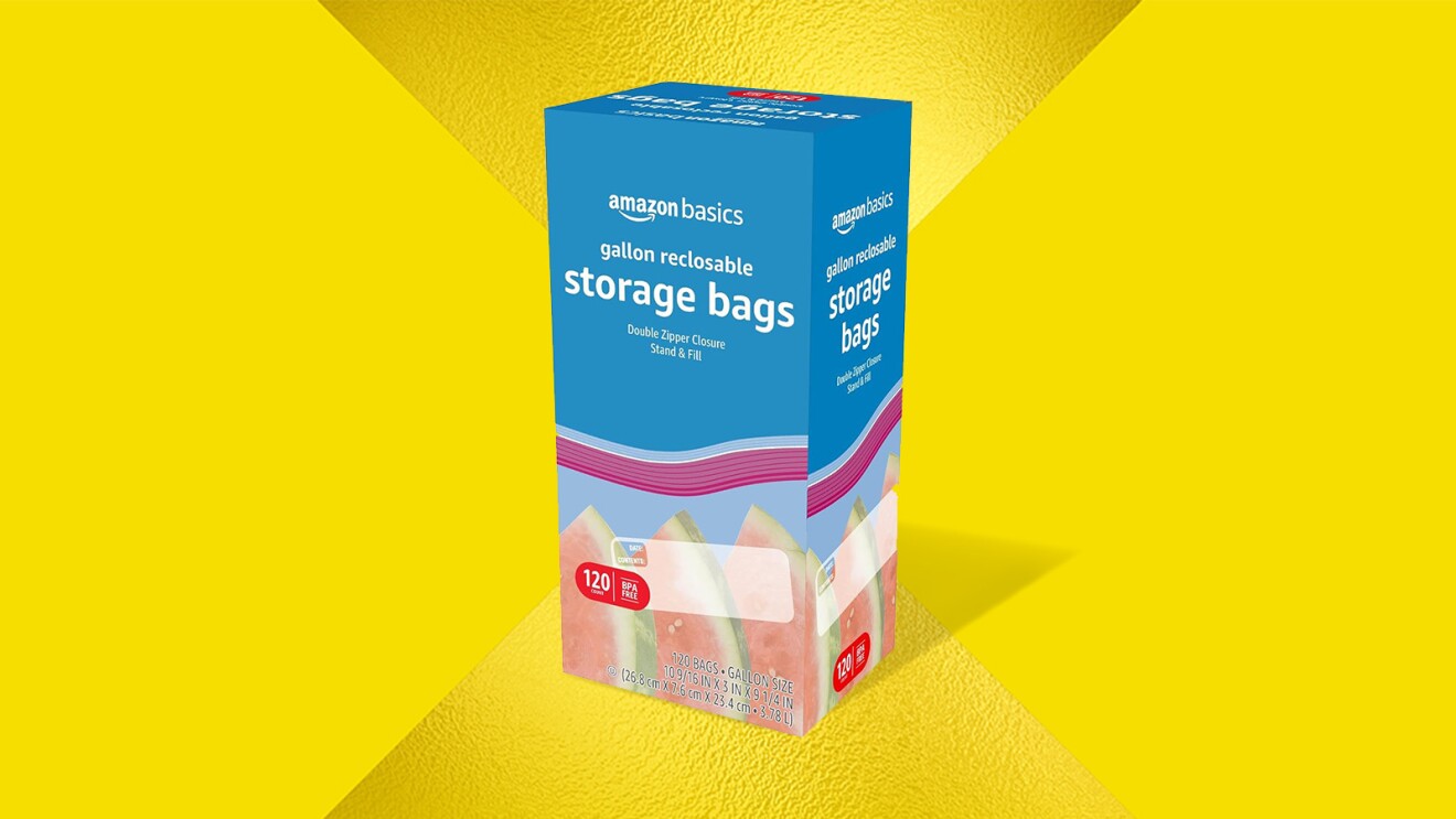 Amazon Basics gallon reclosable storage bags box on yellow background