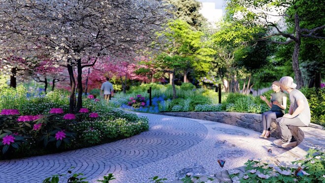 位于弗吉尼亚州阿灵顿的亚马逊第二总部大都会公园的效果图。