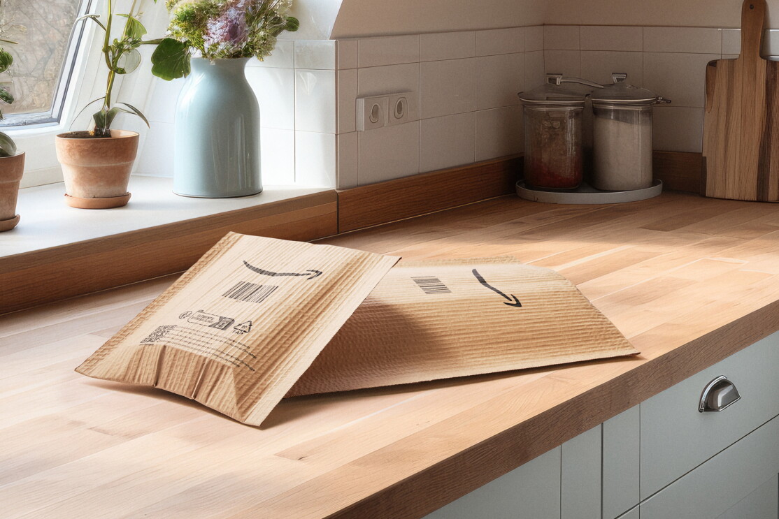 Una bonita cocina ordenada con una encimera de madera y paredes blancas con dos sobre de Amazon. 