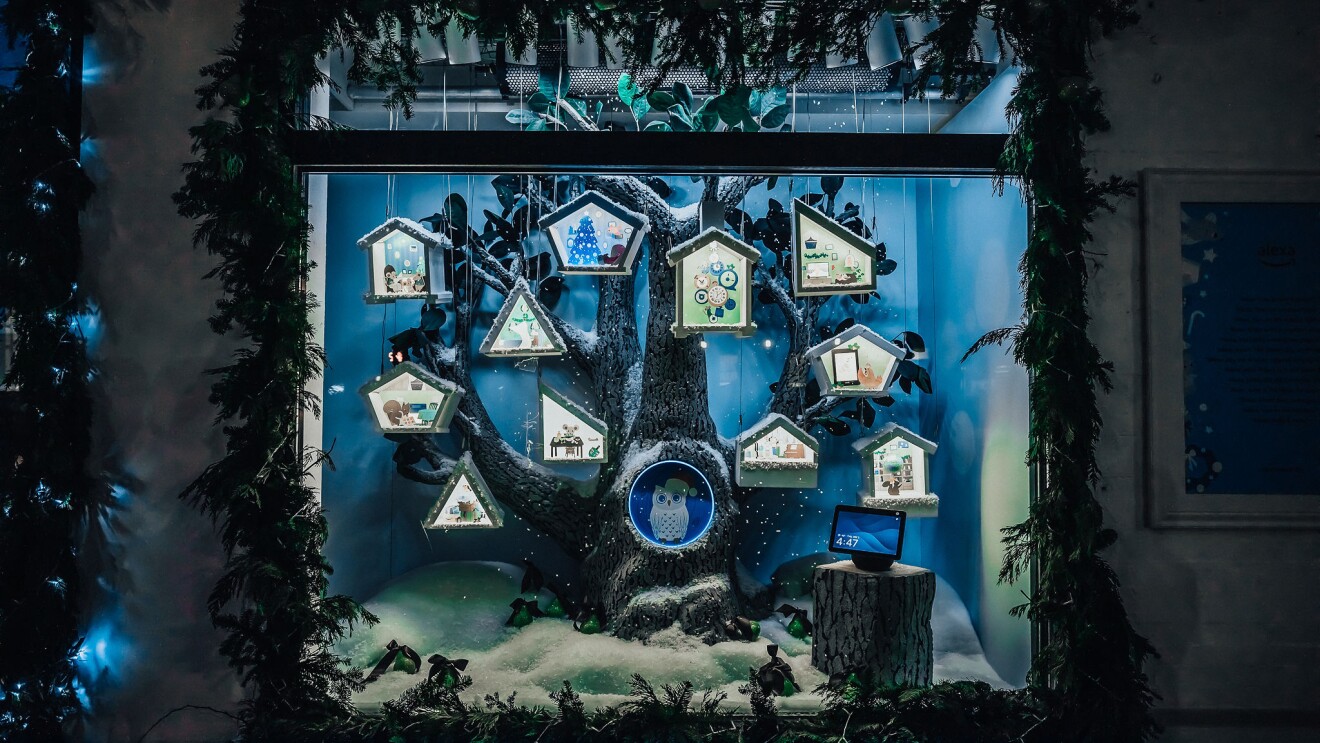 An image of the Alexa holiday window display in New York City