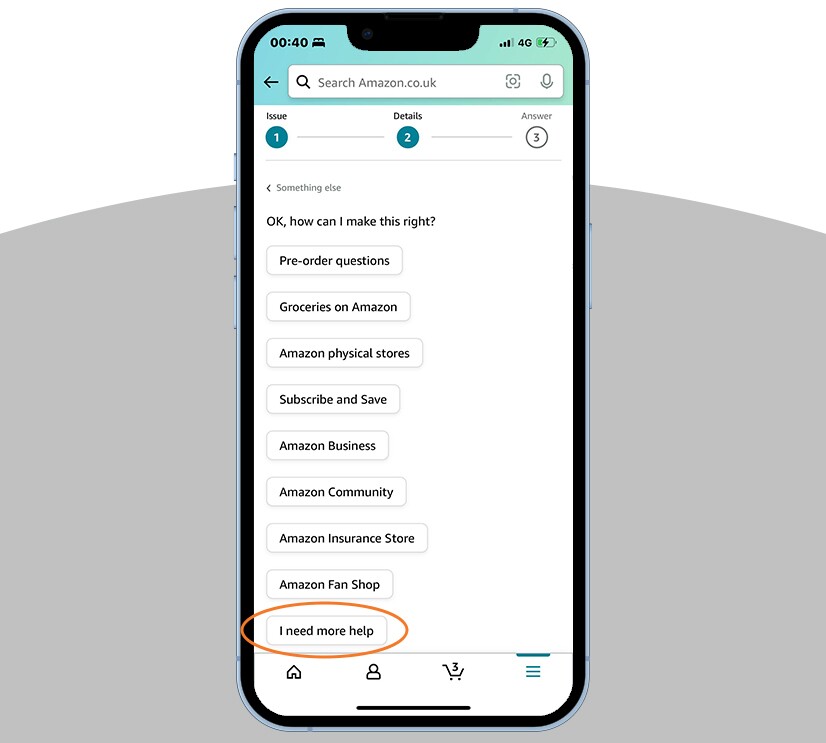 A mobile phone showing how to contact amazon customer service