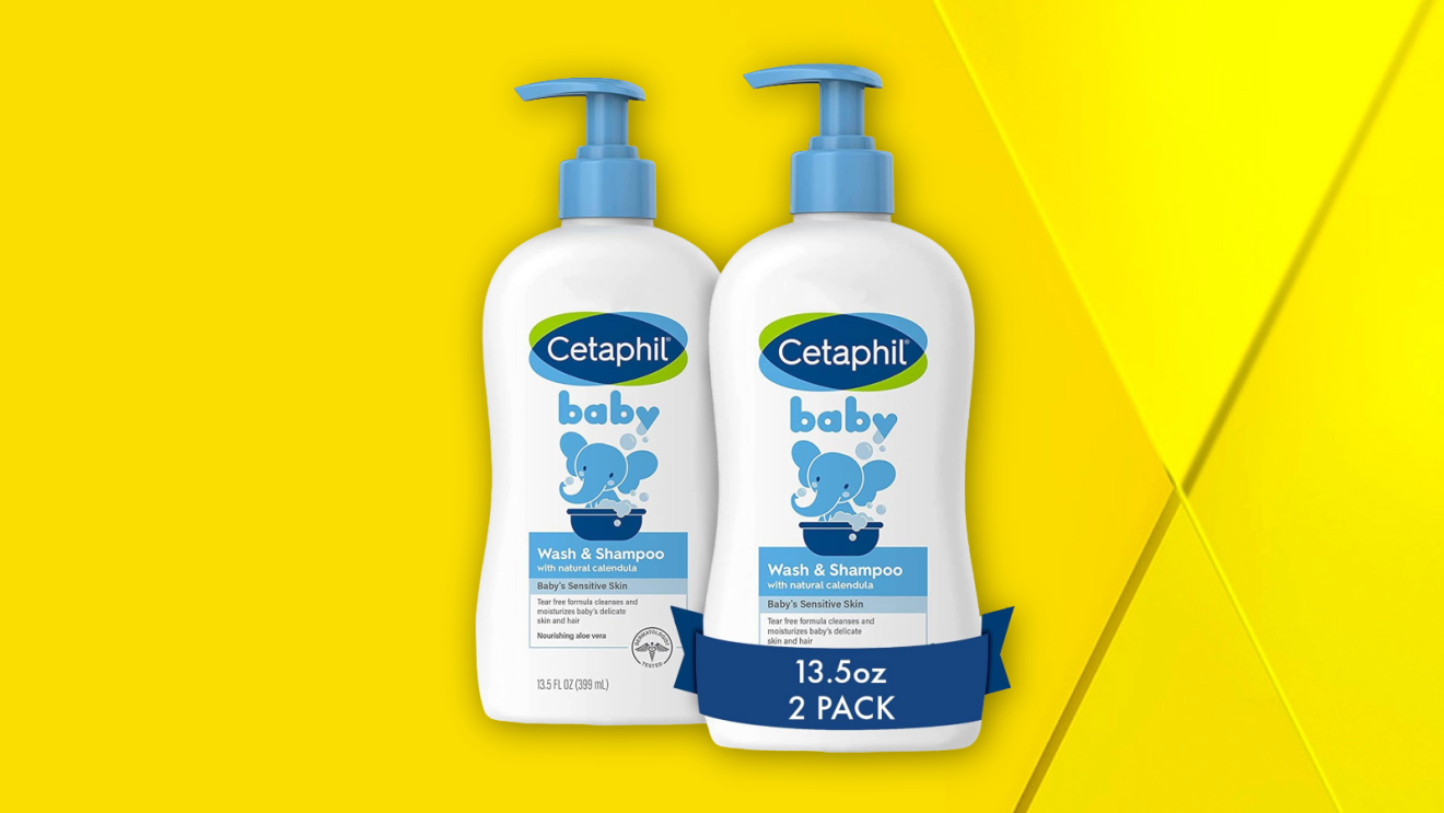 Two bottles of Cetaphil Baby Wash & Shampoo against a vibrant yellow backdrop.
