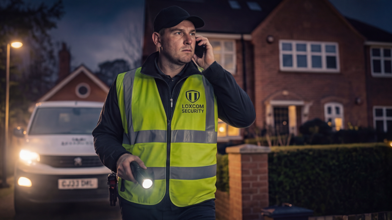 Loxcom security ring guard response surveys property at night time.