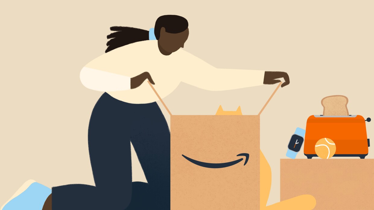 Amazonのロゴが印刷された箱を開けている女性のイラスト。その箱の隣には別の箱にトースター、スマートウォッチ、そしてテニスボールが置かれている。