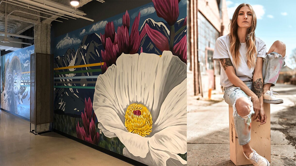 A split image of a mural at the Amazon Denver office and the professional photo of the woman who created it. 