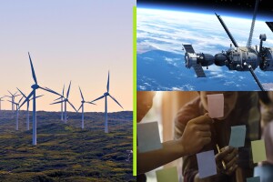 A split image showing three different scenes: a satellite in space, a wind power field, and people putting sticky notes on a wall.