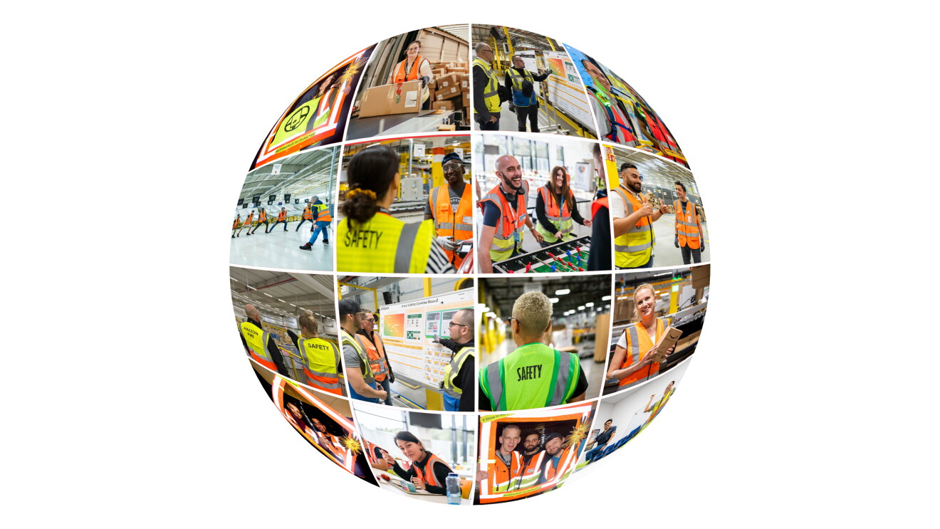 Collage in Form eines Globus mit Amazon Safety Mitarbeiter:innen und anderen Logistikmitarbeiter:innen.