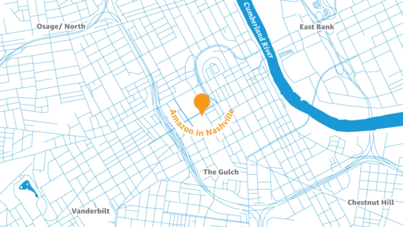 Map of the Nashville area with a pin placed to illustrate the location of a new Amazon Operations Center of Excellence.