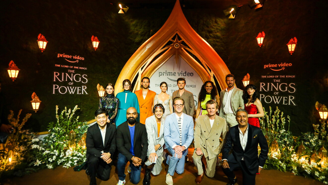 The Lord of the Rings cast in Mumbai, along with Albert Cheng, COO, Amazon Studios; Gaurav Gandhi, Country Head, Prime Video India and Sushant Sreeram, Head of SVOD Business, Prime Video India.