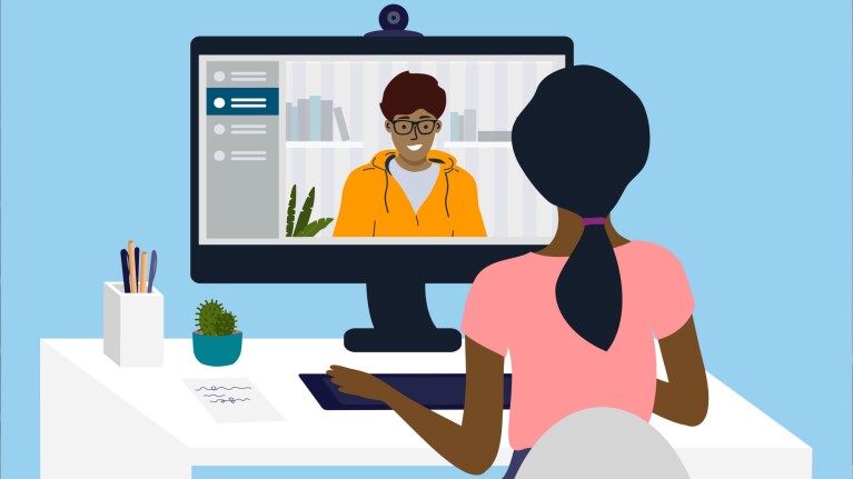An illustration of a person working on their laptop. On the screen they are meeting with another person via video call.
