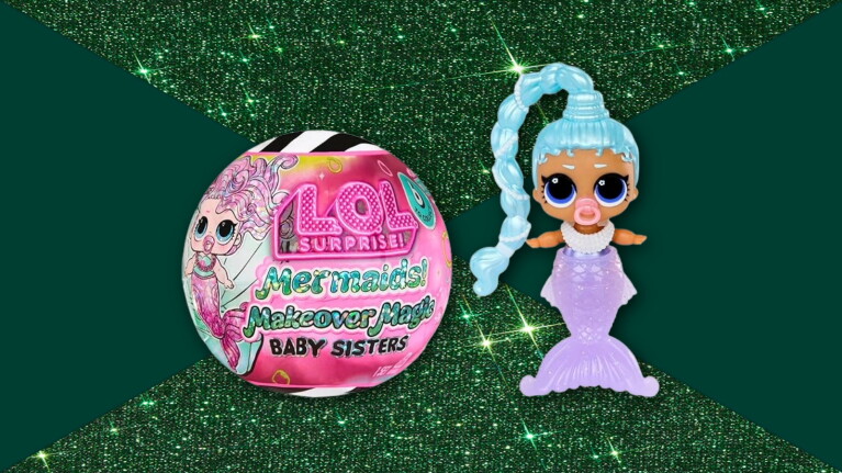 Amazon holiday stocking stuffers: LOL Surprise Mermaids toy ball next to small mermaid doll with blue hair