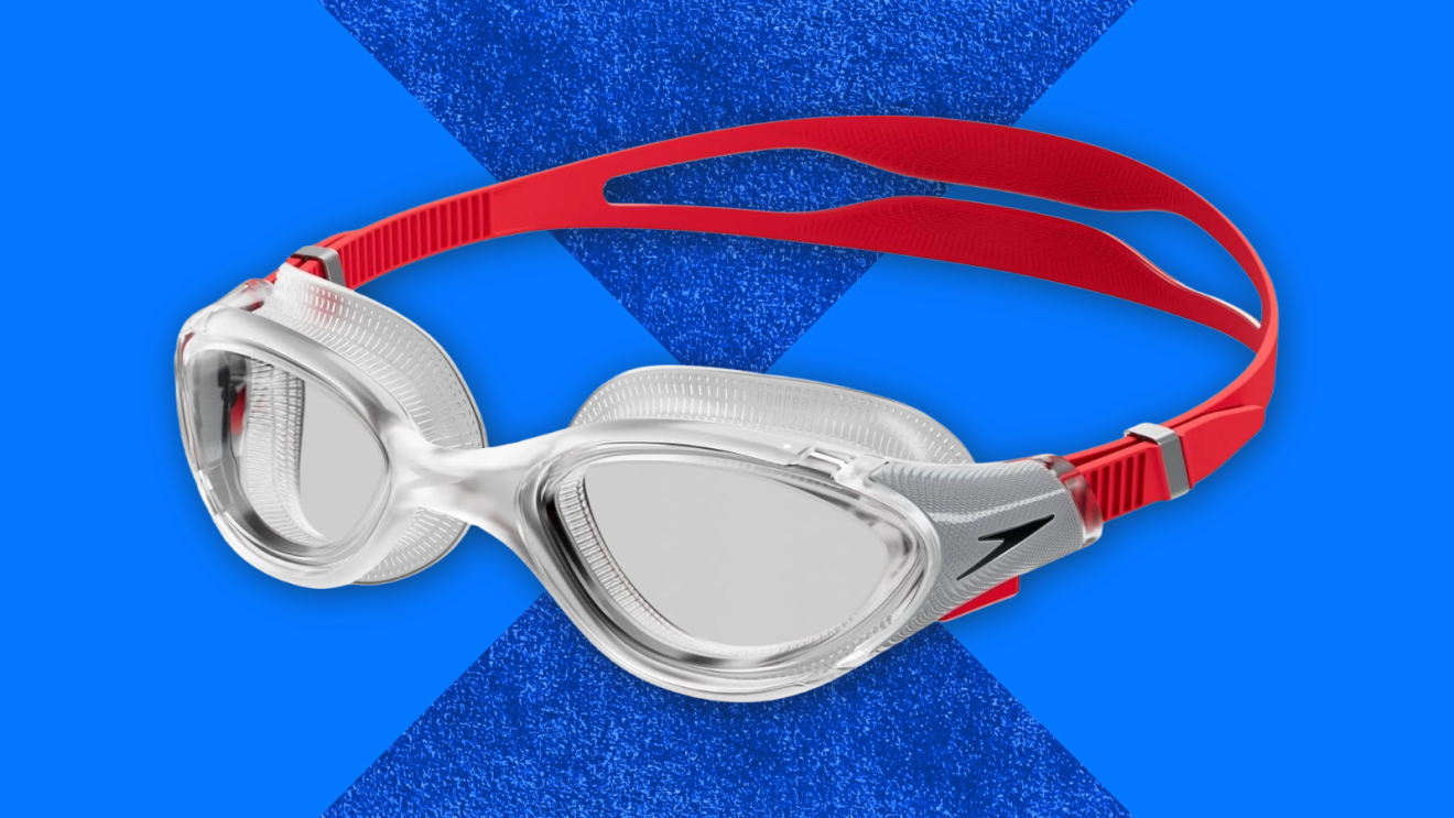 Speedo Unisex-Adult Swim goggles against a blue background.