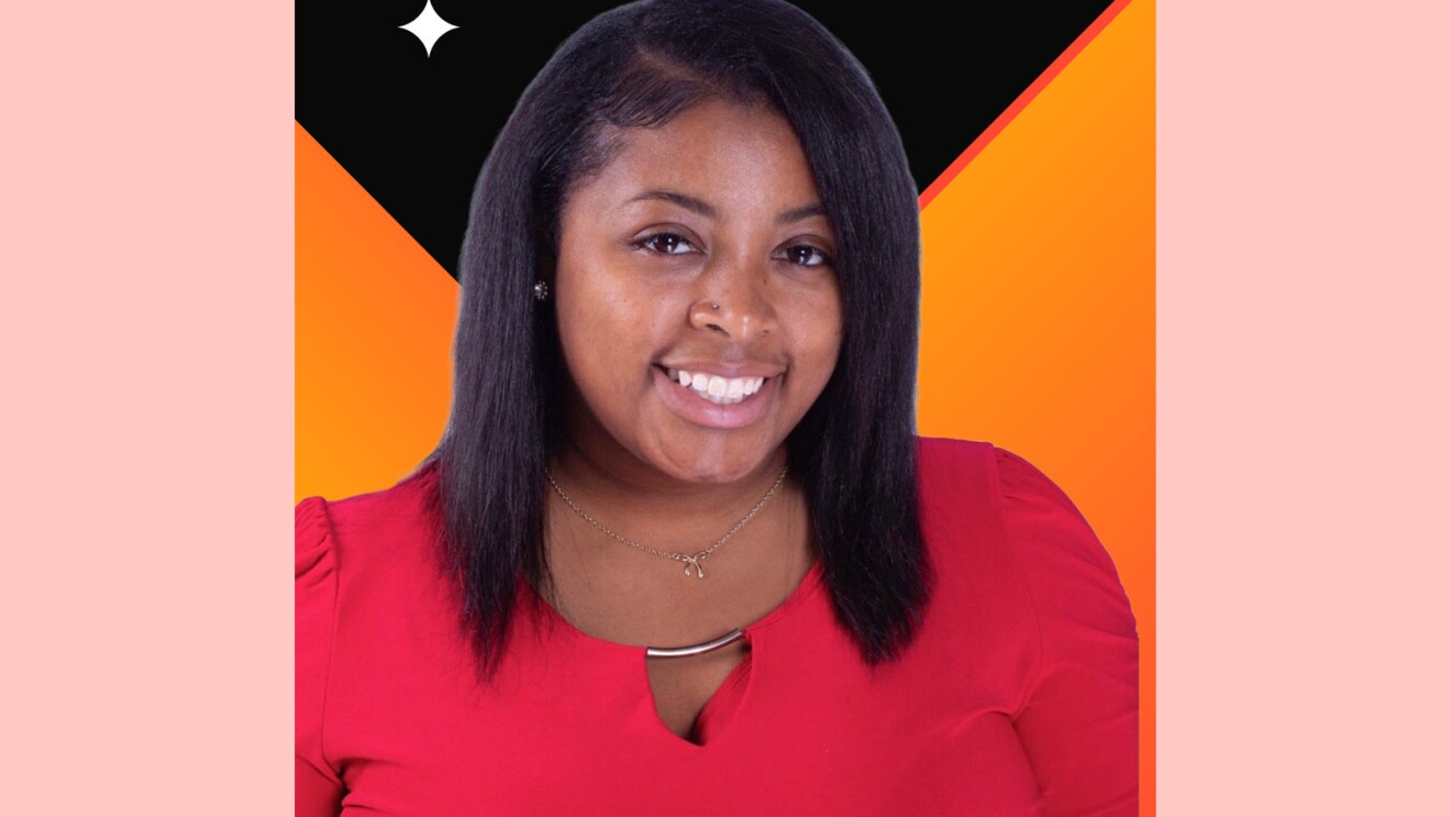 An employee bio card of Jasmine Fowler with a pink, orange and black background. 