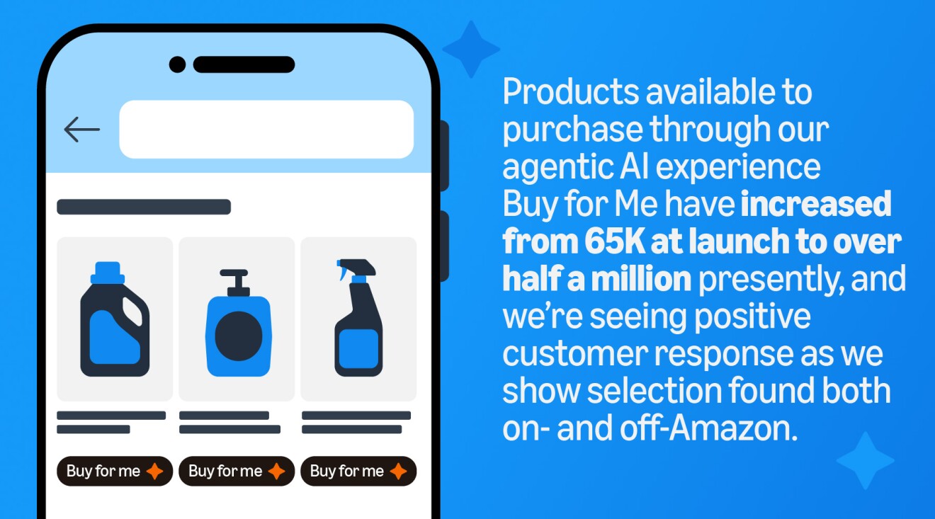 Amazon shopping app with graphics of cleaning products and Buy for Me buttons