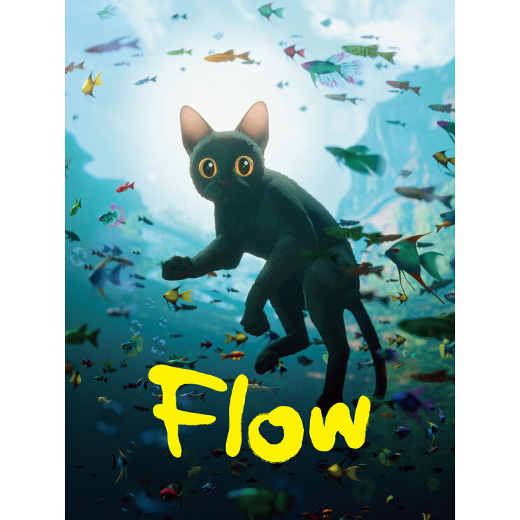 水の中に黒猫が浮かんでいる。猫の背後には、たくさんのカラフルな熱帯魚が輪を描くように泳いでいる。下側に黄色い文字で「Flow」とある。