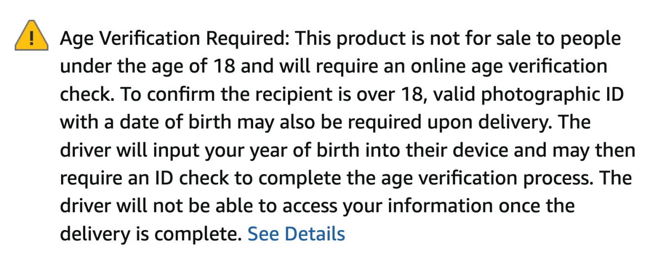 Age verification warning for product purchase and delivery