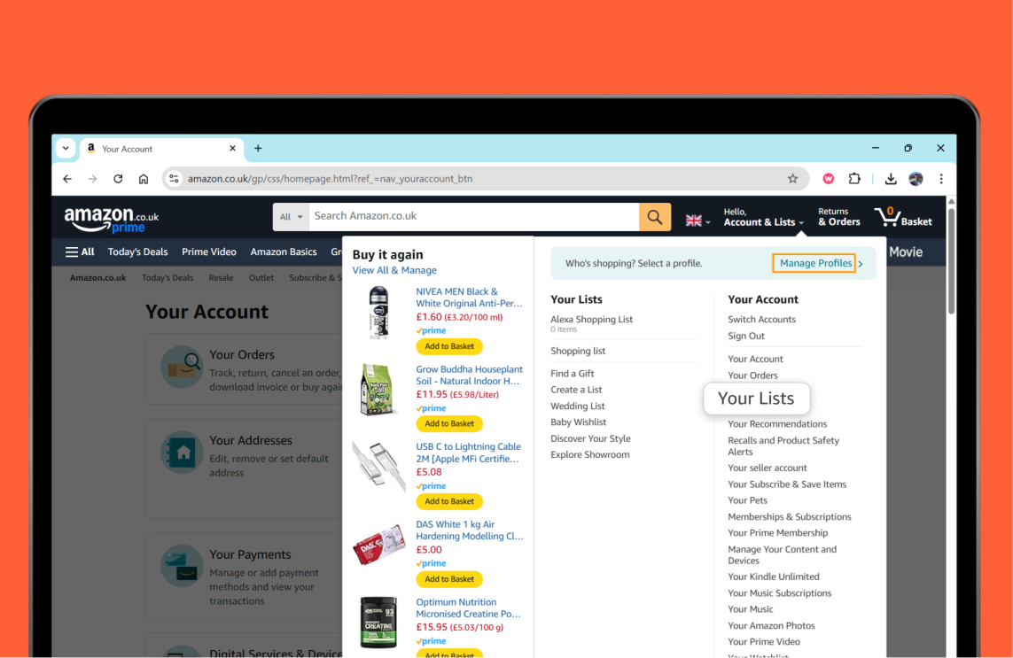 Amazon account page displaying orders, lists, and recommended products