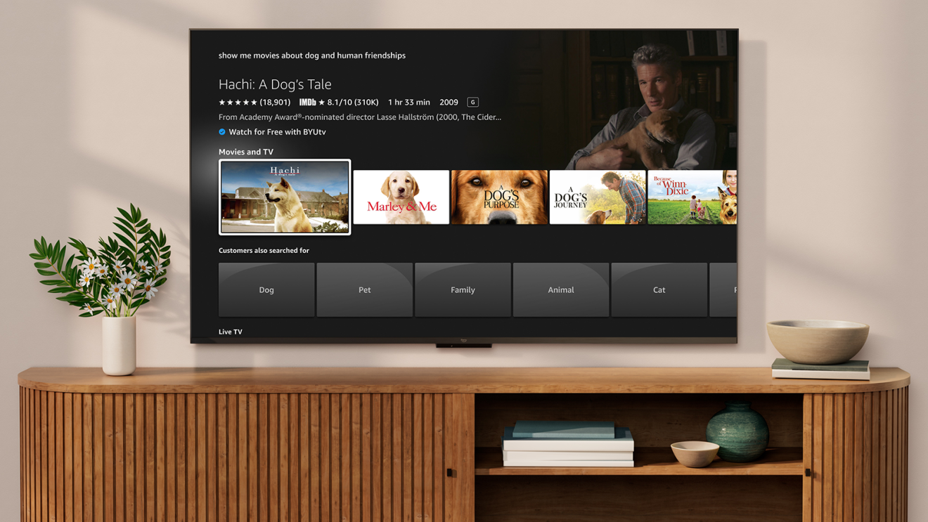 search words in presentations An image of a Fire TV in a living room showing Fire TVâs AI-enhanced search.