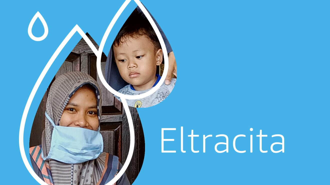 A drop shaped image of Eltracita and her son with a blue background. 