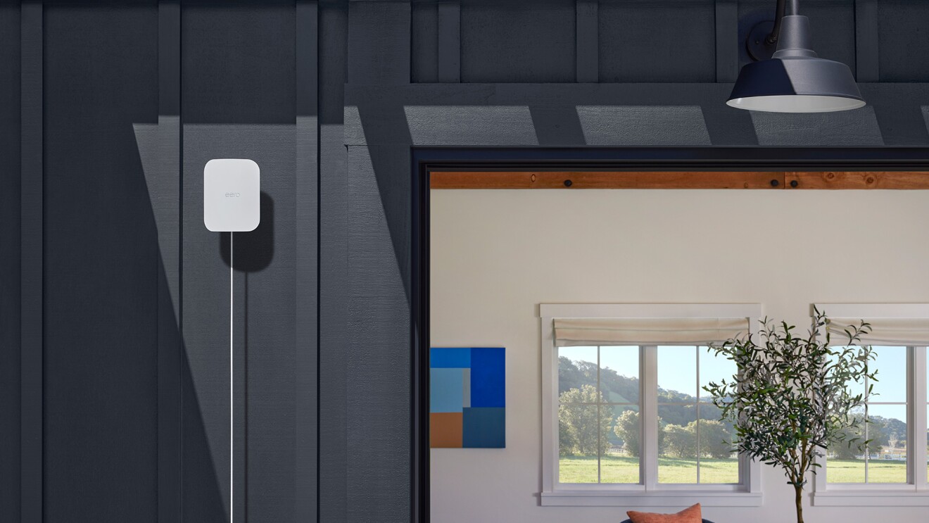 Contrast of industrial exterior and cozy interior with eero gadget mounted