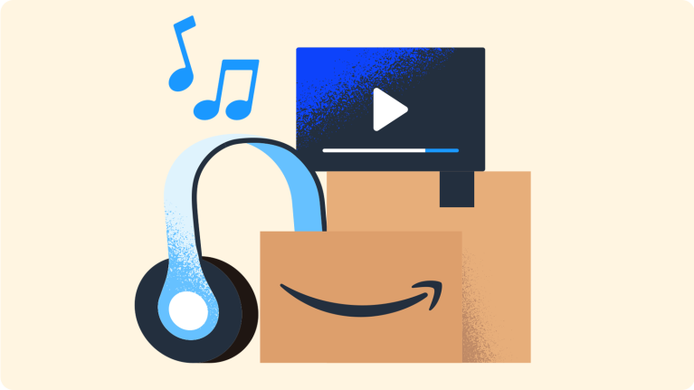 Amazon package with headphones and music streaming interface
