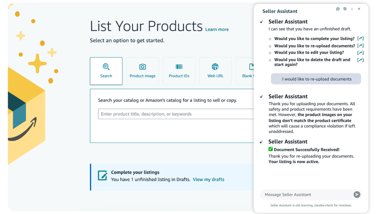 Seller Assistant chat interface guiding through product listing process