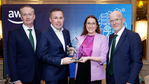 Photo of from Left to Right, Leo Clancy (Enterprise Ireland CEO), PJ Flanagan (H&MV), Minister Emer Higgins, Neil Morris (AWS Country Lead))