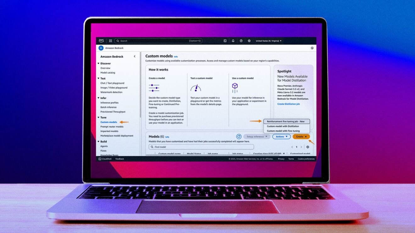 Laptop displaying Amazon Bedrock custom models interface
