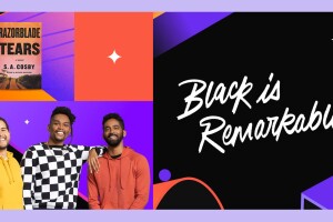 An illustrated image for the Black is Remarkable campaign that shows a book cover and three men smiling on the left side, and "Black is Remarkable" logo on the right side. 