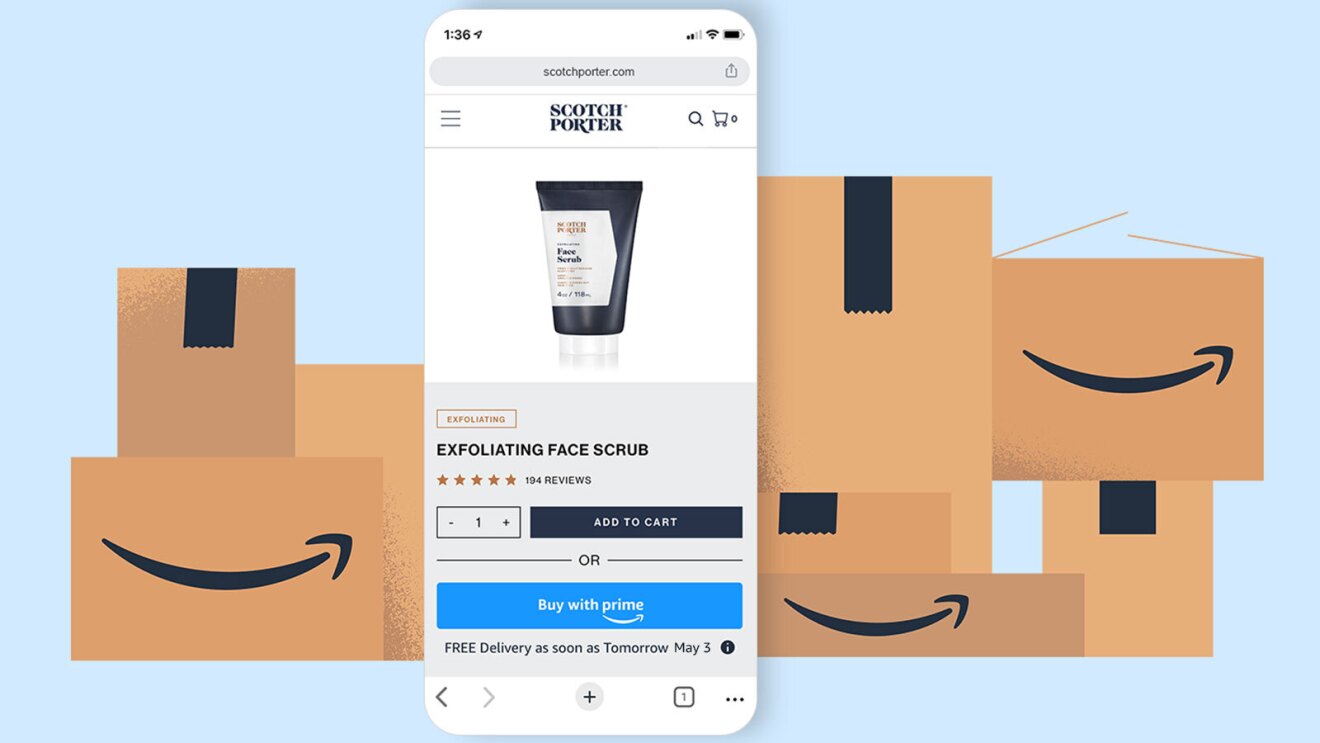 手机屏幕是亚马逊包围盒和显示一个产品页面从苏格兰波特脸部去角质霜,一个品牌,提供购买'。