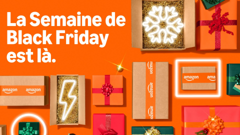Bannière 'La Semaine de Black Friday est là' avec des décorations festives