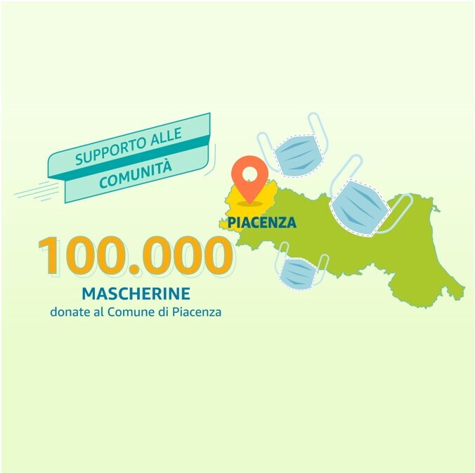 Illustrazione della Regione Emilia Romagna con disegni di 3 mascherine. Sulla sinistra, una scritta recita: '100.000 mascherine donate al Comune di Piacenza'