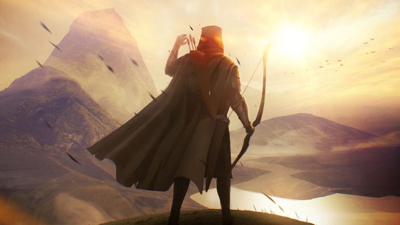A character holding a bow and arrow looks toward a mountainous landscape illuminated by bright sunshine.