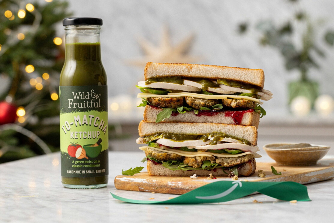 To-Matcha Ketchup bottle with festive sandwich and Amazon-branded ribbon