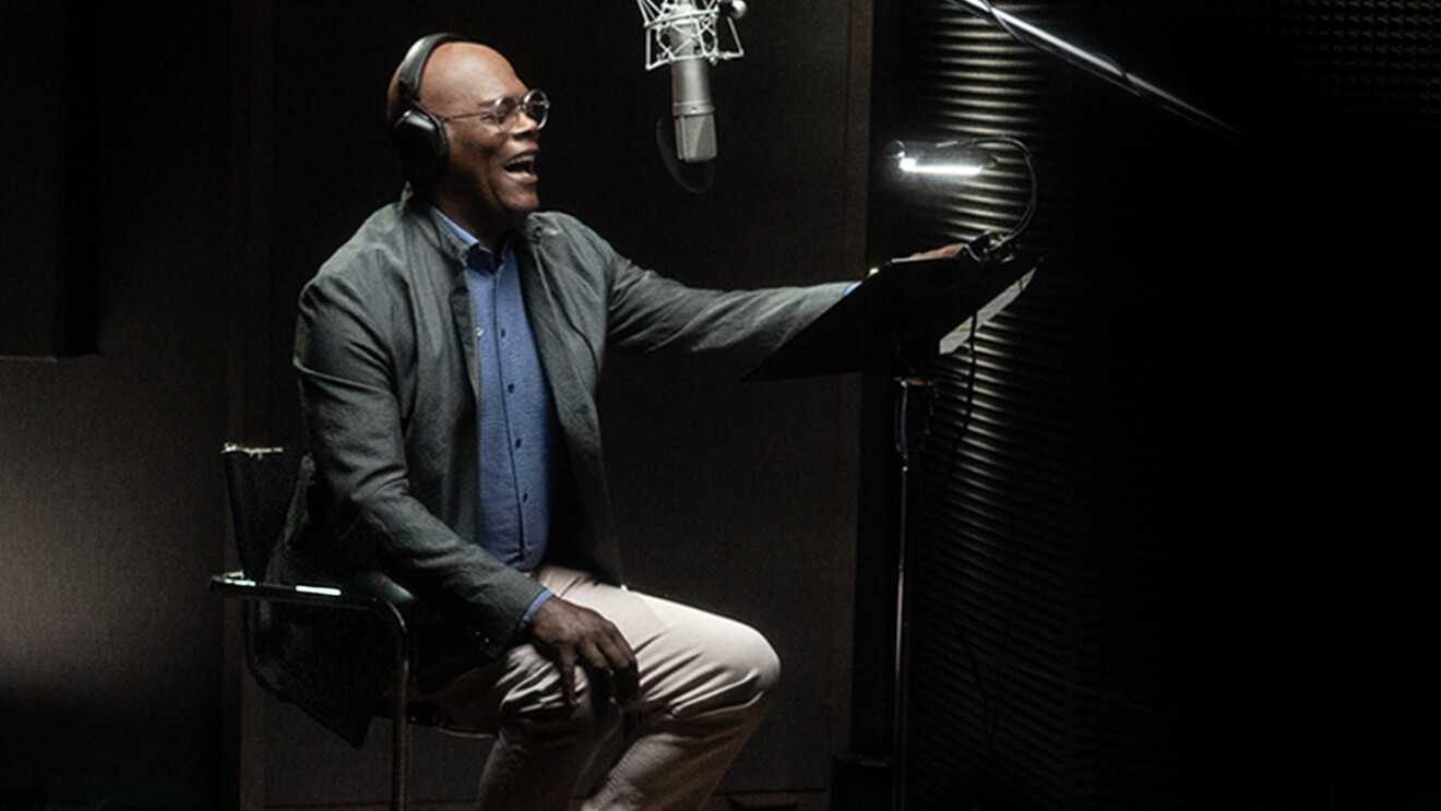A photo of Samuel L. Jackson in a recording studio.