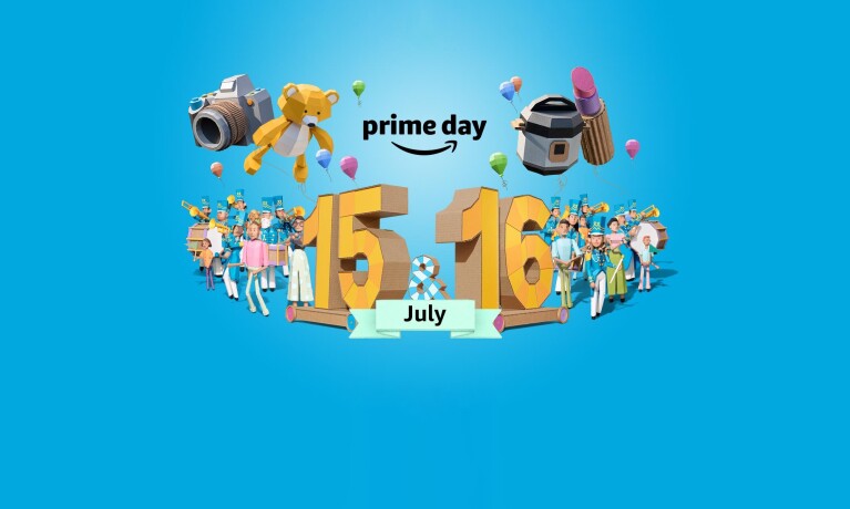 Illustration of cardboard cutouts on a blue background celebrating Amazon's worldwide two-day parade of deals, Prime Day, on July 15 & 16, 2019.