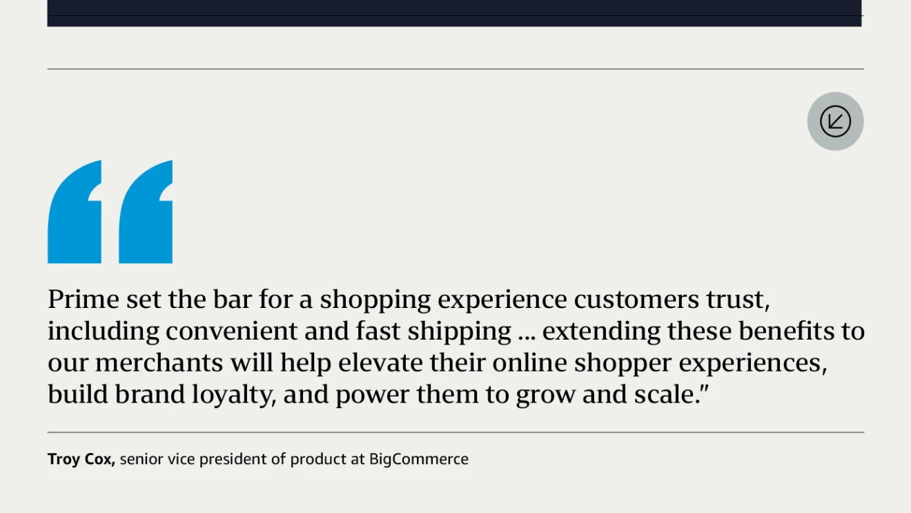 An illustrated graphic with a quote from Troy Cox senior vice president of product at BigCommerce that reads: “Prime set the bar for a shopping experience customers trust, including convenient and fast shipping...extending these benefits to our merchants will help elevate their online shopper experiences, build brand loyalty, and power them to grow and scale.”