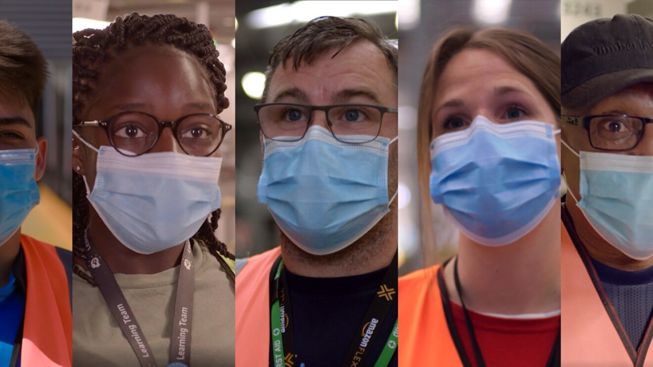 three amazon employees wearing blue protective face mask 