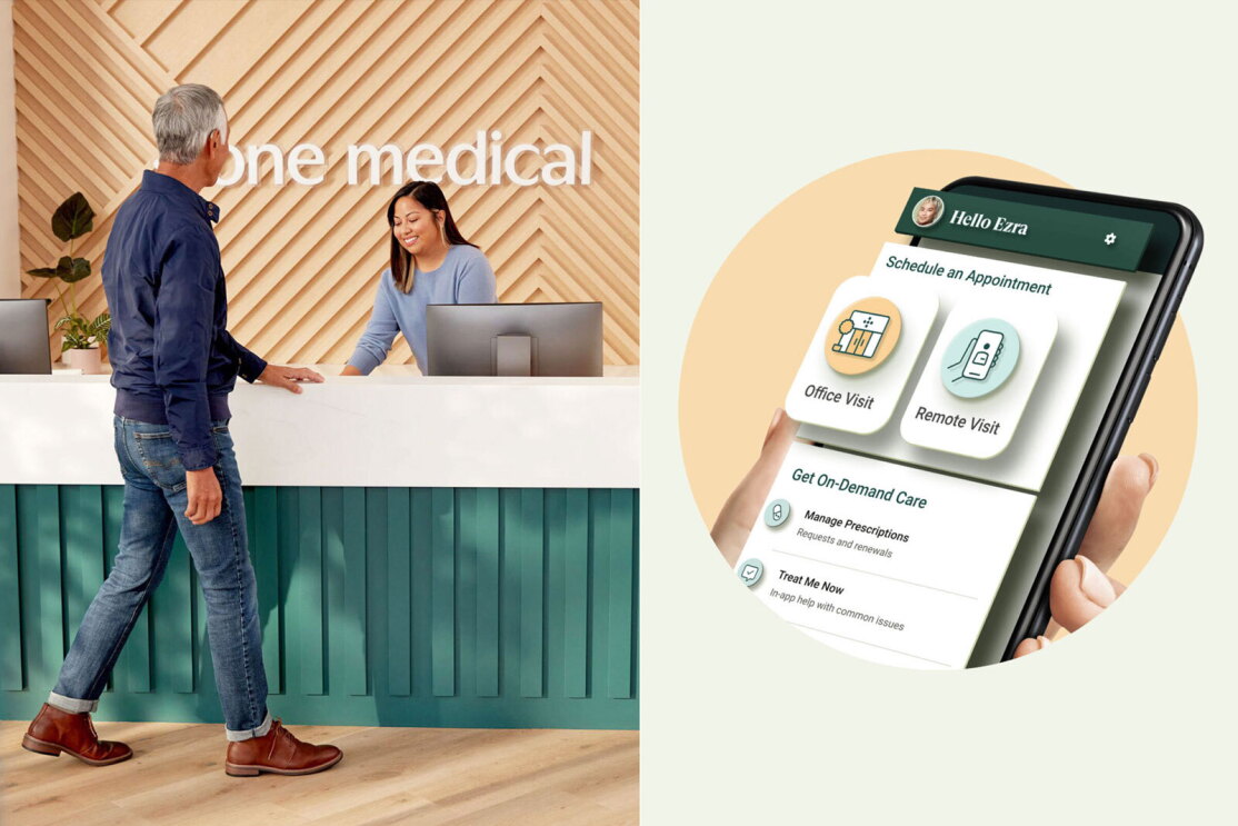 on the left, a man is walking up to the lobby counter of a one medical office while a receptionist smiles and greets him. on the right, a closeup of a hand holding a phone with the one medical app. on the app screen there is the option to schedule an office visit appointment or remote visit appointment