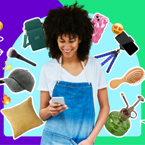 Smiling woman using smartphone, surrounded by lifestyle accessories and emoji icons
