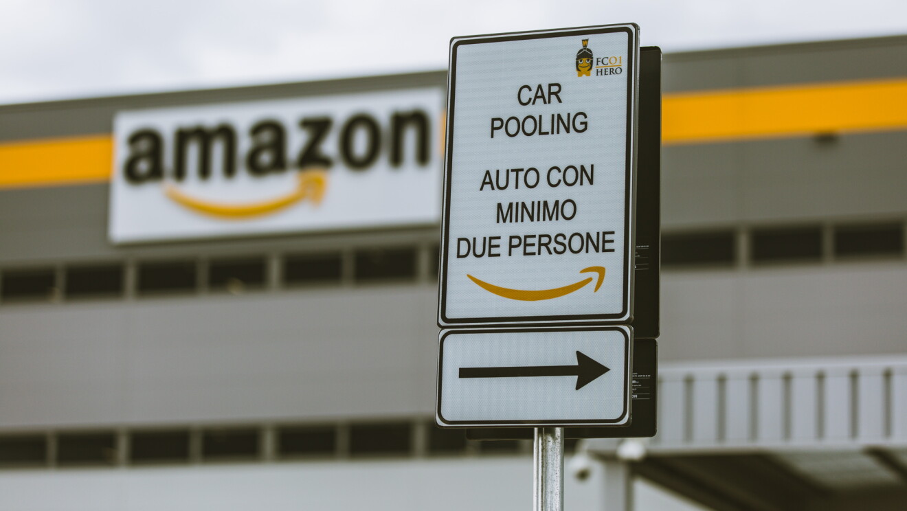 A car pool sign outside of an Amazon fulfillment center in Italy