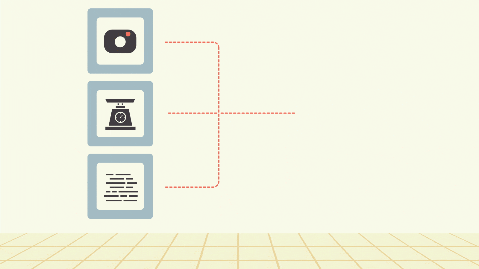 An animated gif showing graphics of a camera, scale, text and checklist